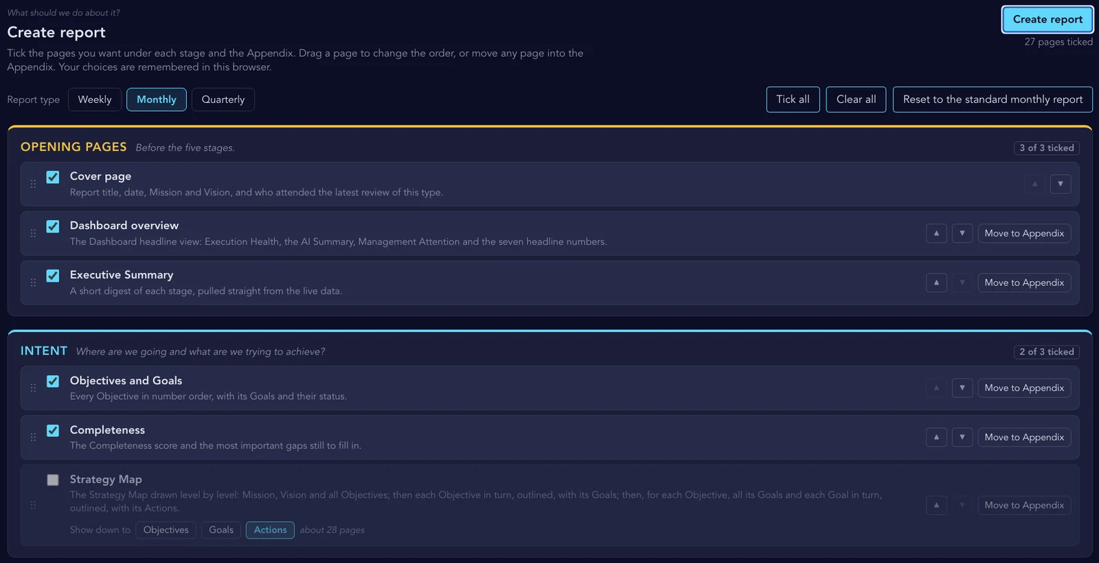 Create report: tick the pages you want under each stage.