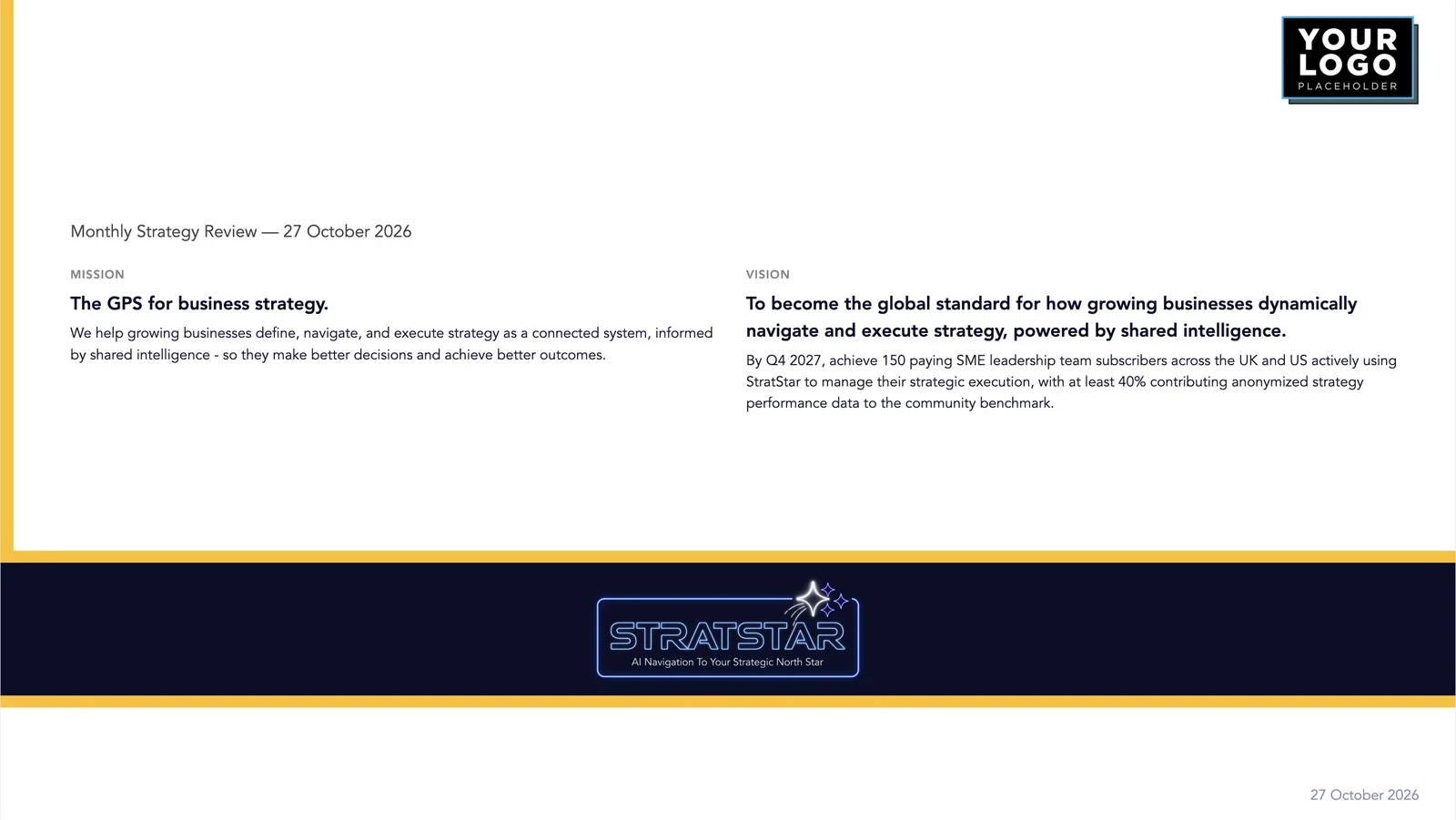A StratStar board report cover, with space for your own logo.